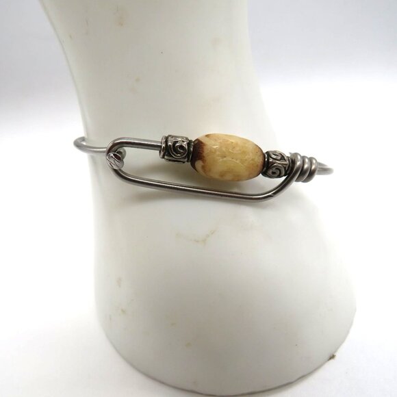 Wire Bangle Bracelet Carved Wood Slide Bead Silver Tone Natural Boho Hippie - Picture 6 of 13